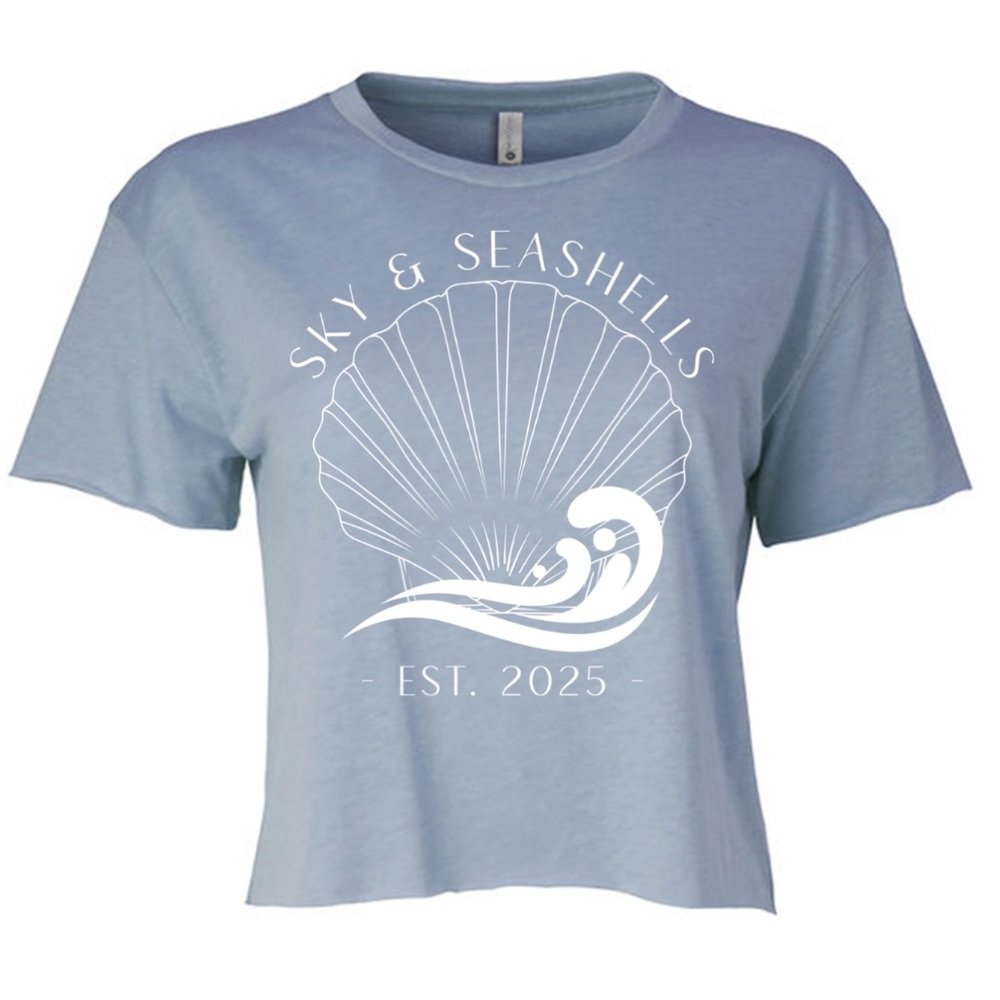 Sky & Seashells Est. 2025 Festival Women's Crop T-shirt in Stonewash Denim